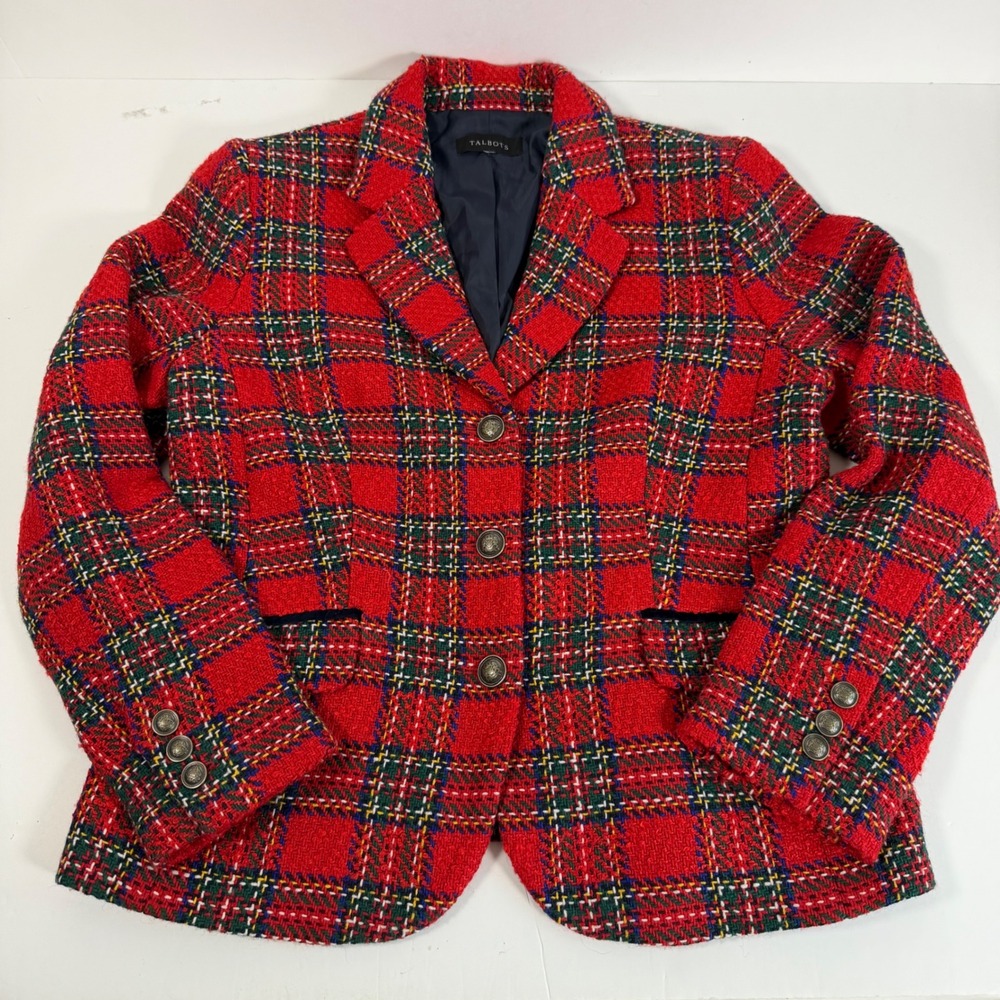 Talbots Red Plaid Tartan Wool Blend Blazer Career Holiday Jacket